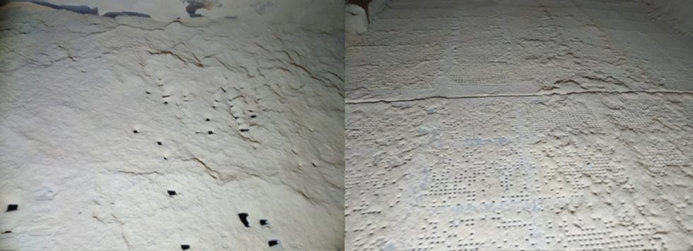 3#振动筛的上层钢板筛网（左）与下层聚氨酯筛网（右）堵料非常严重